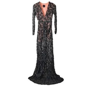 NBD Black Sequin Gown with Long Sleeves and V neck